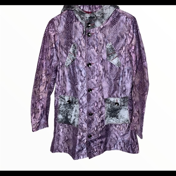 CUSTO BARCELONA Animal Print Waterproof Jacket With Hood & Pockets Purple Medium - Picture 5 of 11